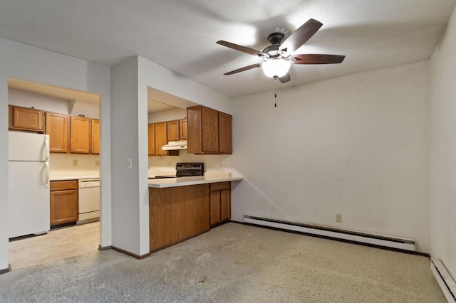 kitchen with a textured ceiling, white appliances, light colored carpet, and a baseboard heating unit