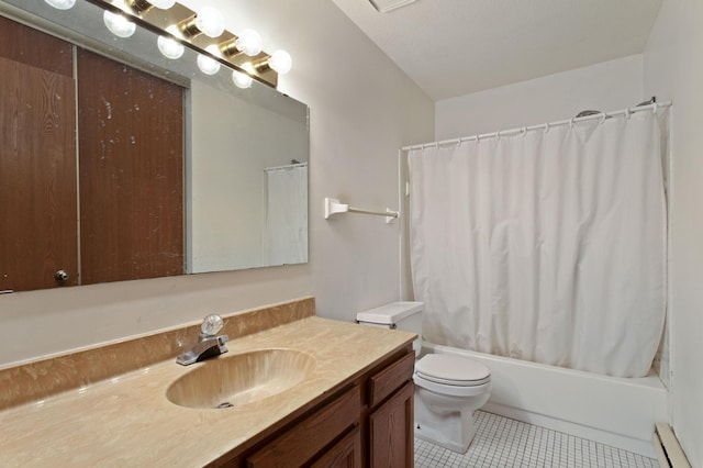 full bathroom with shower / bath combo, vanity, a baseboard radiator, tile patterned flooring, and toilet