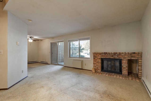 unfurnished living room with a brick fireplace, ceiling fan, light carpet, and a baseboard radiator