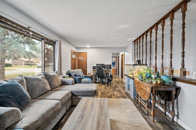 living room with wood-type flooring and a textured ceiling