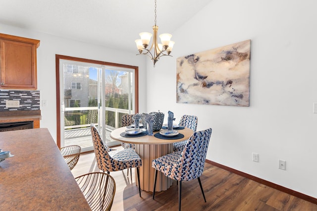 dining space featuring wood-type flooring, lofted ceiling, and a notable chandelier