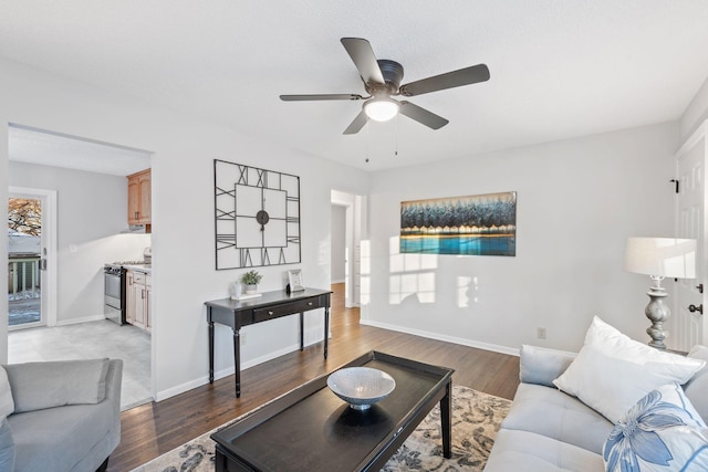 living room with hardwood / wood-style floors and ceiling fan