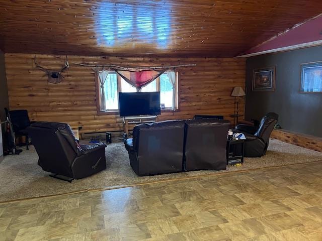 living room with lofted ceiling and wood ceiling