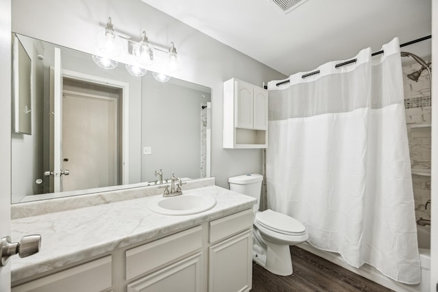 full bathroom with vanity, shower / bathtub combination with curtain, wood-type flooring, and toilet