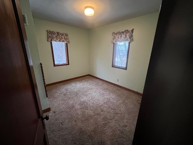 unfurnished room with a textured ceiling and carpet floors