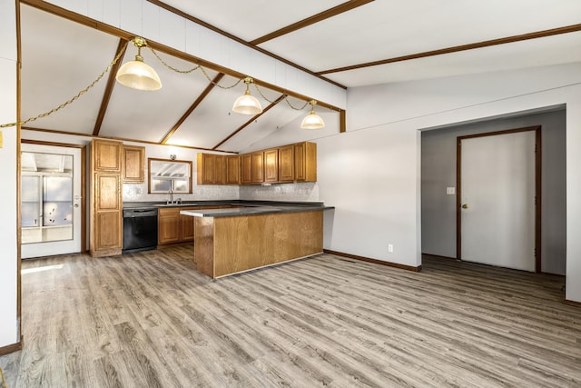 kitchen featuring pendant lighting, lofted ceiling with beams, light wood-type flooring, black dishwasher, and kitchen peninsula