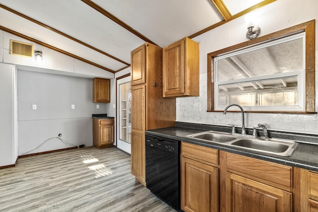 kitchen with sink, black dishwasher, tasteful backsplash, light hardwood / wood-style flooring, and lofted ceiling with beams