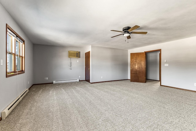 carpeted empty room with ceiling fan, a wall mounted AC, and a baseboard radiator