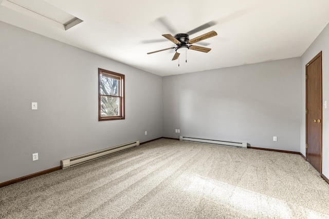 empty room with carpet flooring, baseboard heating, and ceiling fan