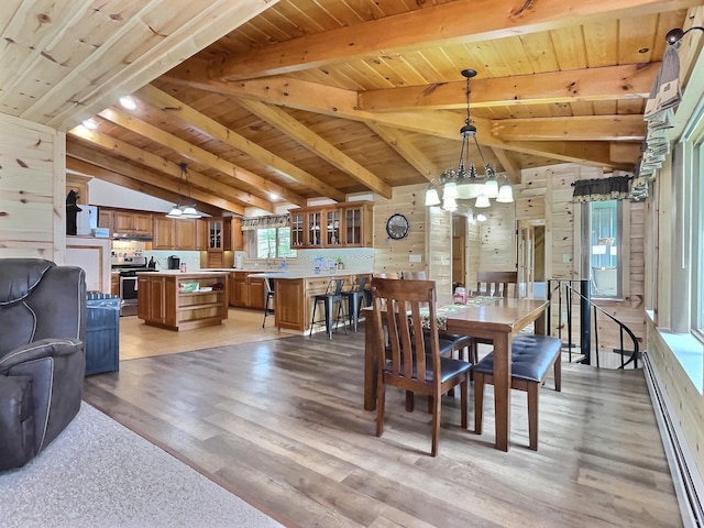 dining room featuring lofted ceiling with beams, a baseboard heating unit, wood walls, light hardwood / wood-style floors, and wood ceiling