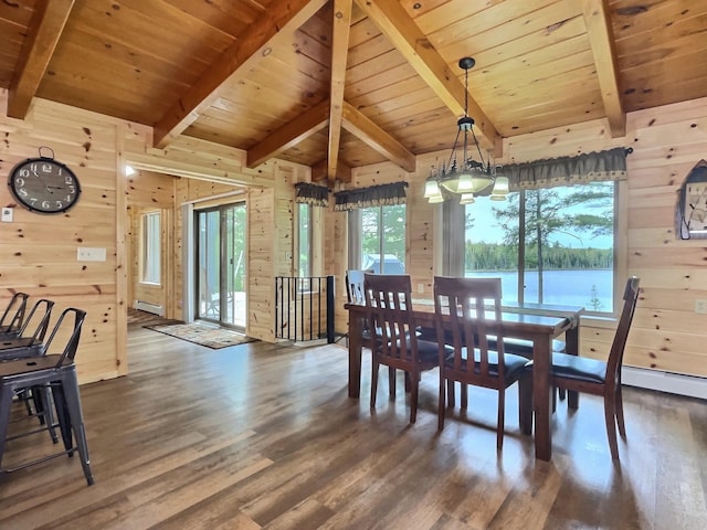 dining room featuring wood walls, a water view, wooden ceiling, and dark hardwood / wood-style floors