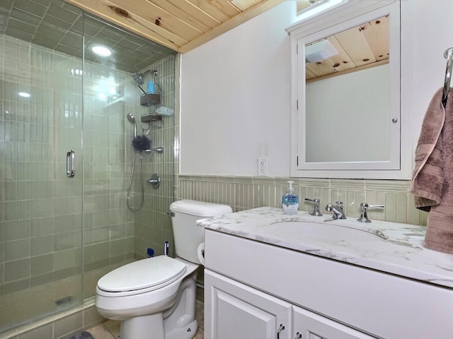 bathroom featuring a shower with door, vanity, wooden ceiling, and toilet