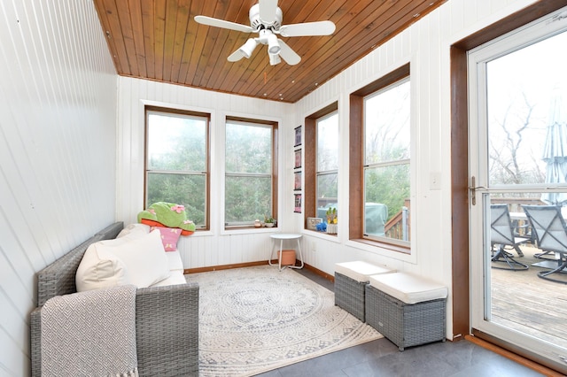 sunroom featuring ceiling fan and wood ceiling