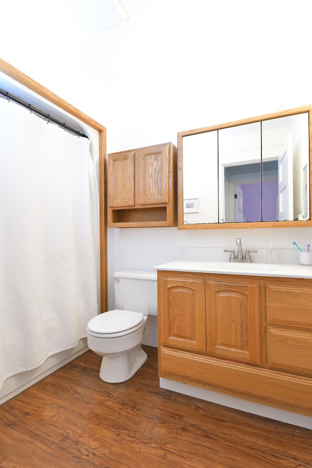 bathroom with vanity, toilet, and wood-type flooring