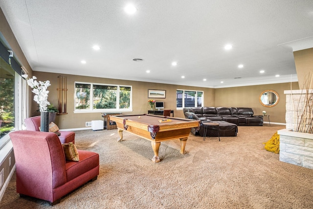 recreation room with recessed lighting, crown molding, billiards, and carpet floors