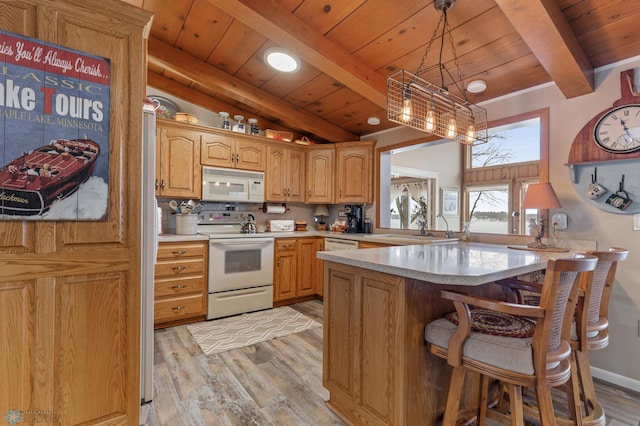 kitchen featuring pendant lighting, white appliances, wooden ceiling, lofted ceiling with beams, and light hardwood / wood-style floors