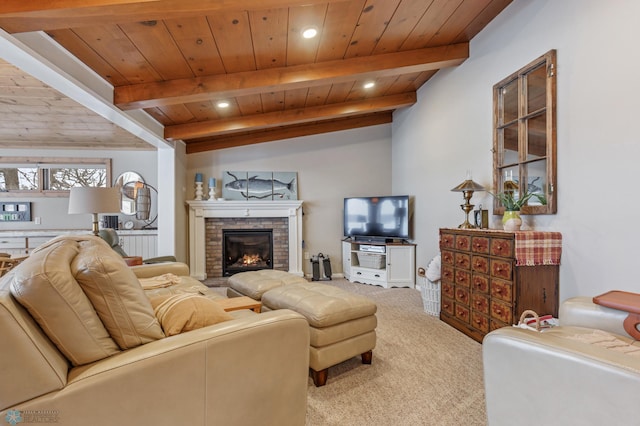 living room featuring beamed ceiling, light colored carpet, and wooden ceiling