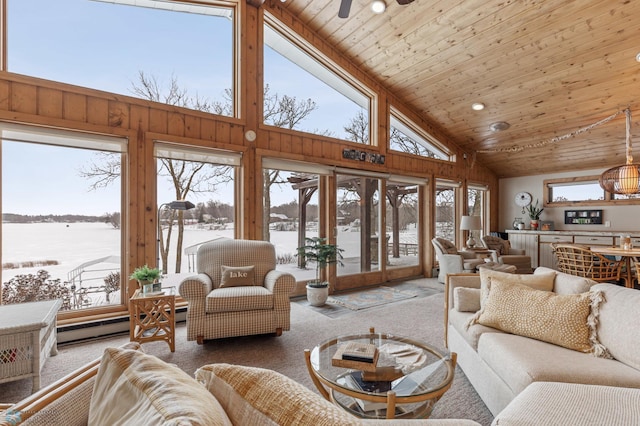 living room featuring carpet flooring, plenty of natural light, and high vaulted ceiling