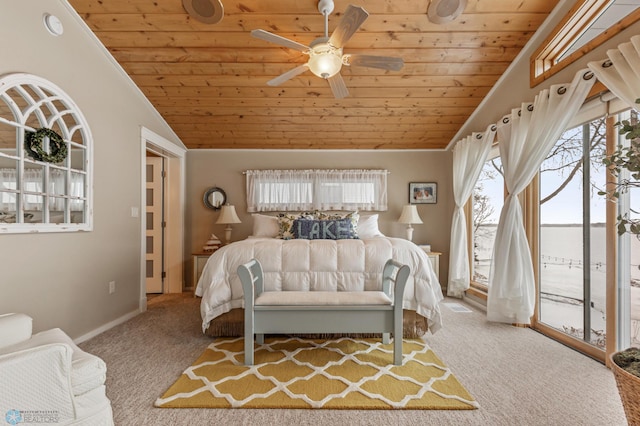 carpeted bedroom with access to outside, ceiling fan, wooden ceiling, and lofted ceiling