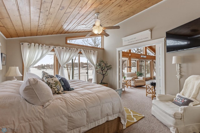 bedroom featuring vaulted ceiling, carpet flooring, ceiling fan, access to exterior, and wood ceiling