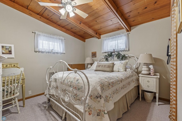 carpeted bedroom featuring vaulted ceiling with beams, ceiling fan, and wooden ceiling