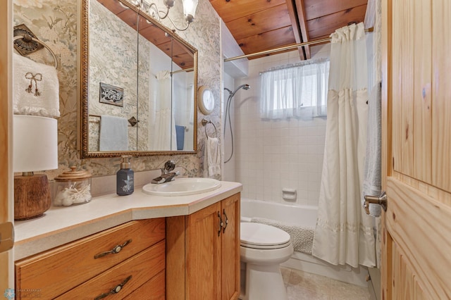 full bathroom featuring wooden ceiling, tile patterned floors, toilet, vanity, and shower / tub combo