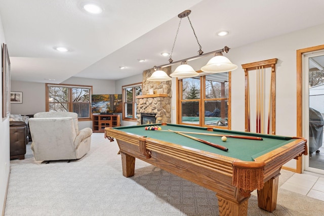 recreation room with recessed lighting, carpet, a stone fireplace, and billiards