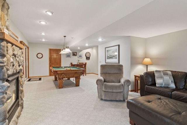 recreation room with billiards, recessed lighting, light colored carpet, and baseboards