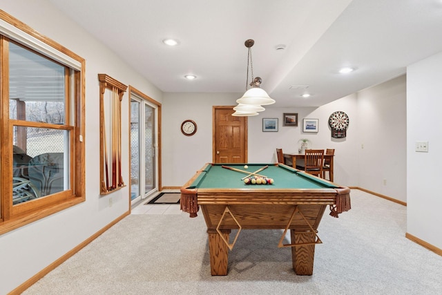 game room with visible vents, baseboards, light carpet, recessed lighting, and billiards