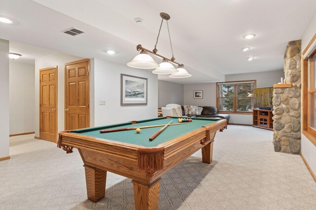 recreation room featuring visible vents, light colored carpet, pool table, and baseboards