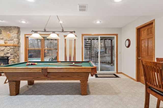 recreation room featuring visible vents, billiards, recessed lighting, carpet floors, and baseboards