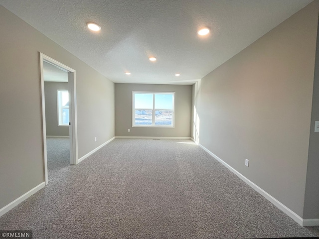 unfurnished room with carpet flooring and a textured ceiling