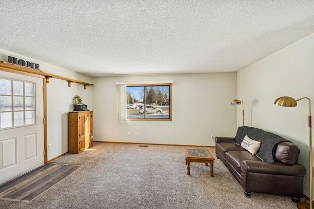 carpeted living room with a textured ceiling