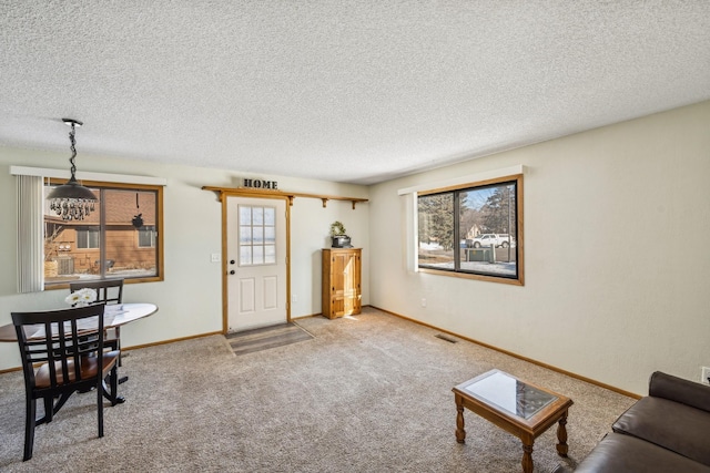 carpeted living room with a wealth of natural light and a textured ceiling