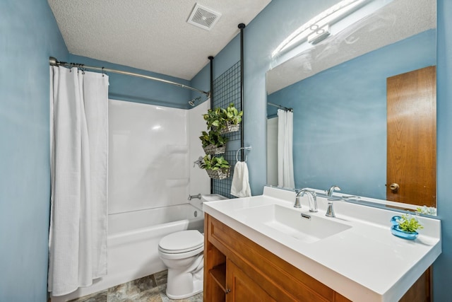 full bathroom with toilet, vanity, shower / bathtub combination with curtain, and a textured ceiling