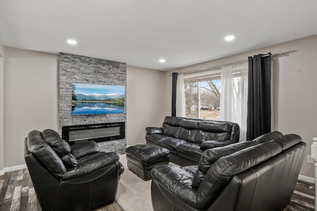 living room featuring a fireplace and dark wood-type flooring