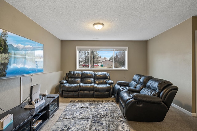 carpeted living room with a textured ceiling