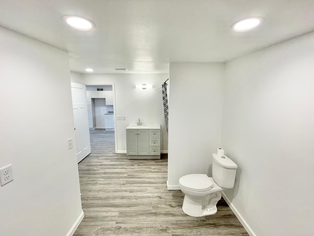 bathroom featuring vanity, wood-type flooring, and toilet