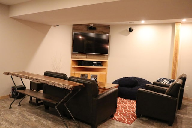 home theater featuring hardwood / wood-style flooring