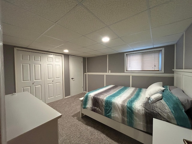 bedroom featuring carpet floors, a closet, and a paneled ceiling