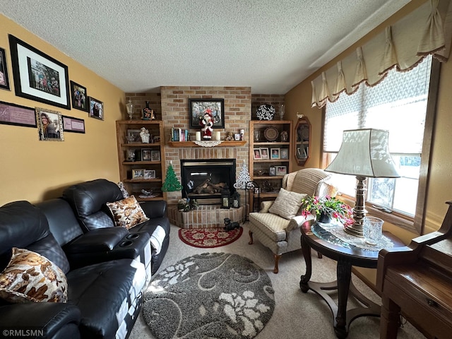 carpeted living room featuring plenty of natural light, a fireplace, and a textured ceiling