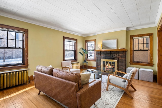 living room featuring radiator, a healthy amount of sunlight, a fireplace, and light hardwood / wood-style floors