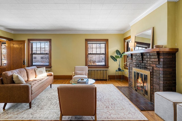 living room with a fireplace, radiator heating unit, light wood-type flooring, and crown molding