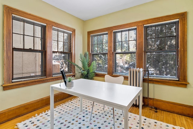 office area featuring hardwood / wood-style floors and radiator heating unit