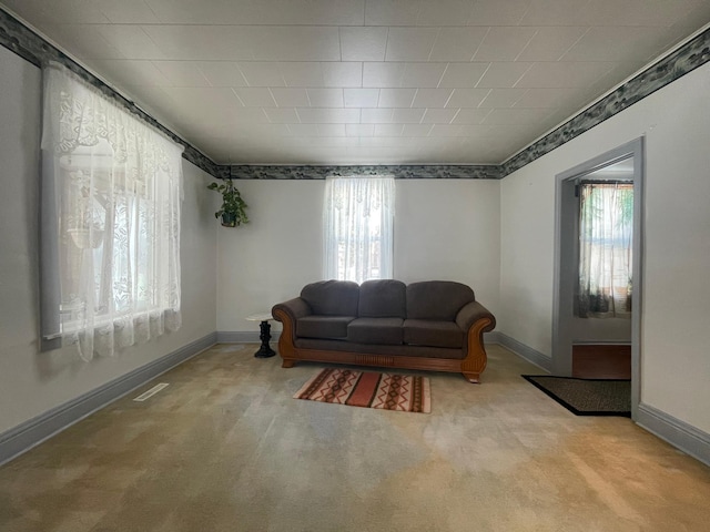 living room featuring a wealth of natural light and light carpet