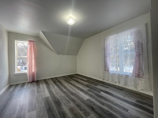 additional living space featuring dark wood-type flooring and lofted ceiling