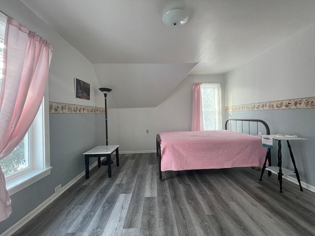 bedroom featuring dark hardwood / wood-style flooring and lofted ceiling