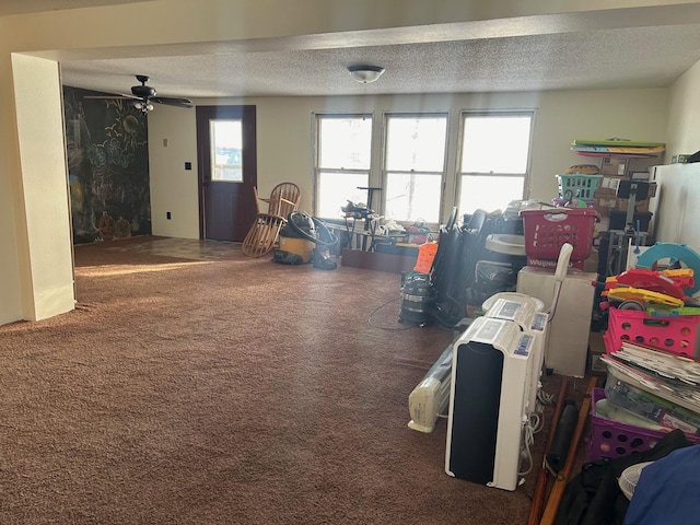 miscellaneous room featuring carpet flooring, ceiling fan, and a textured ceiling