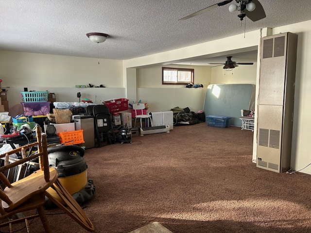 19162 Coho Loop NE, Blackduck, MN 56647 - interior space with a heating unit, a textured ceiling, a ceiling fan, and carpet floors