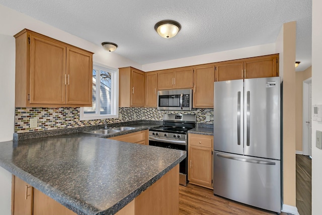 kitchen featuring backsplash, kitchen peninsula, sink, hardwood / wood-style flooring, and appliances with stainless steel finishes